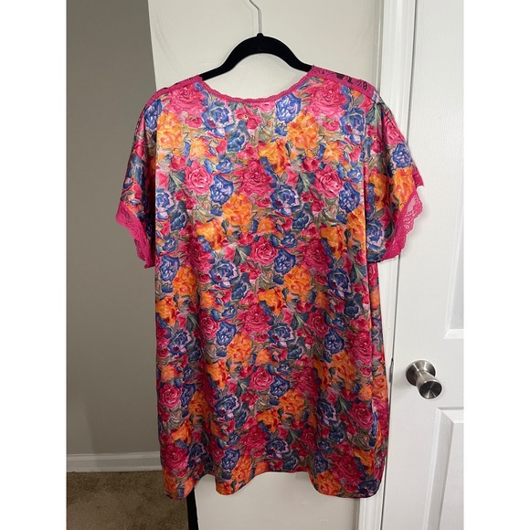 Vanity Fair Floral Satin Lace Kimono Robe Pink Blue Orange Roses Sleeve L - Picture 2 of 6